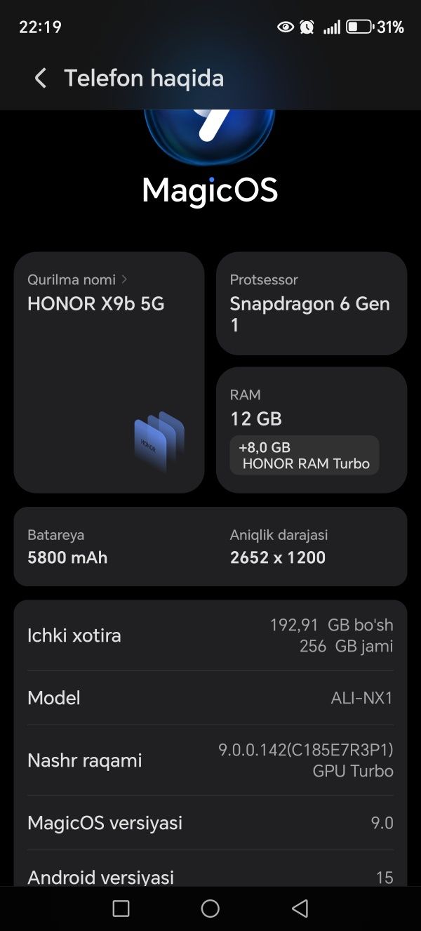 Honor x9b 12 ga 256 kar dok bor ochilmagan abmen bor olxdan yozsela