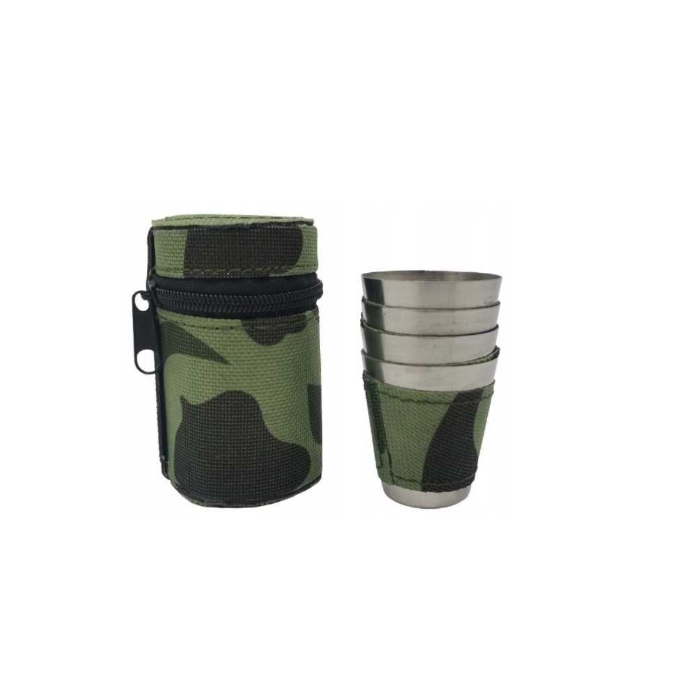 Set 4 Pahare inox pentru shoturi, husa camuflaj, 90 ml, camping