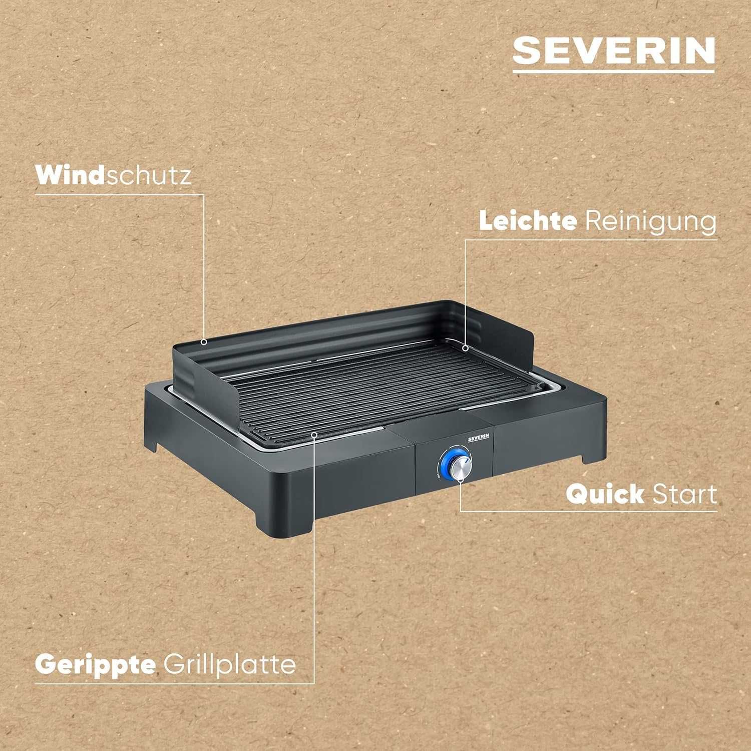 SEVERIN Настолен грил, Балконска скара без риск от изгаряне, 2200W