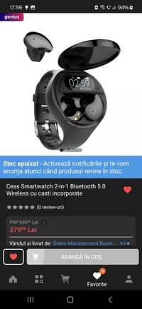 Ceas Smartwatch 2-in-1 Bluetooth 5.0 Wireless cu casti incorporate