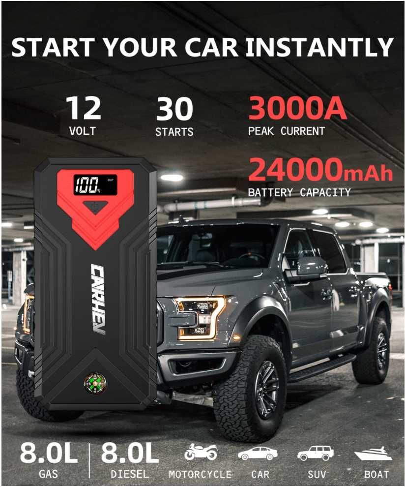 Мощна Външна Батерия за Стартиране на Автомобил 24000mAh, 3000А До 8л