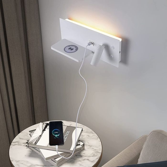 Стенна нощна лампа с Qi безжично зареждане, USB порт, лампа за четене