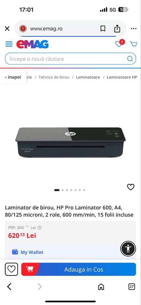 Laminator de birou HP Pro Laminator 600, A4, 80/125 microni, 2 role