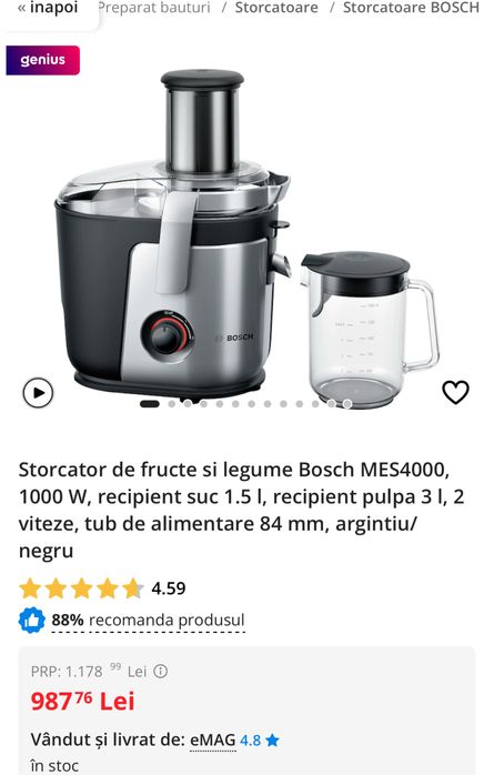 Storcator de fructe si legume Bosch MES4000, 1000 W,
