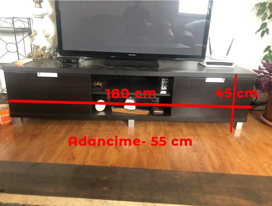 Comoda TV living, wenge, 2 usi, 180 cm, blat MDF de 34 mm sus si jos