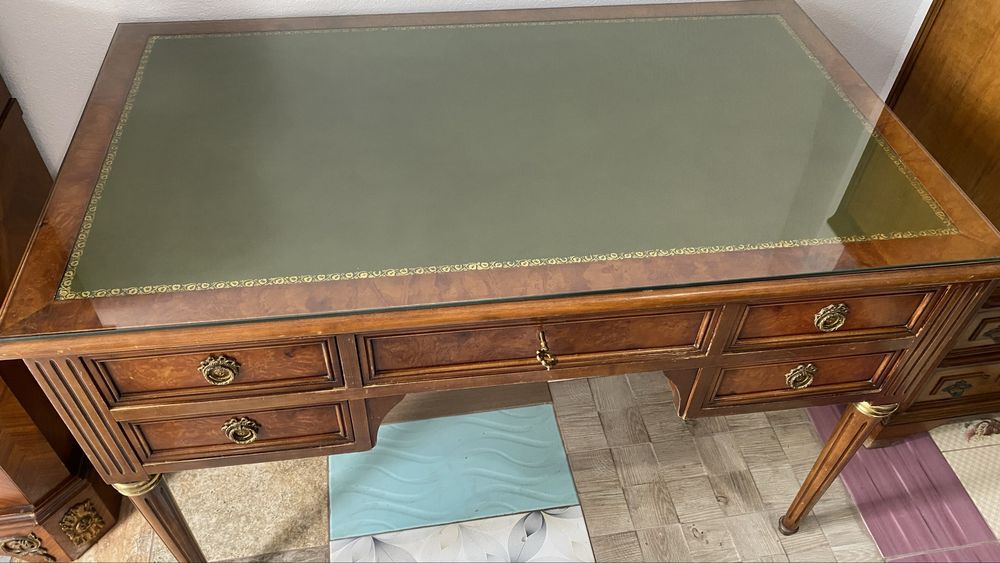 Birou Vintage Piele Lemn Masiv Bronz Sticla