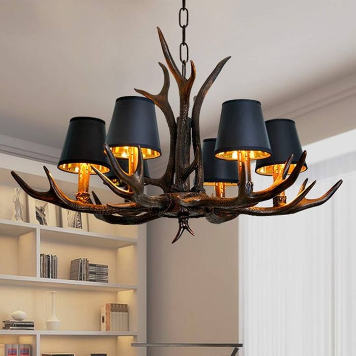 Полилей еленов рог(смола)черен и 6 абажура, 6×Е14