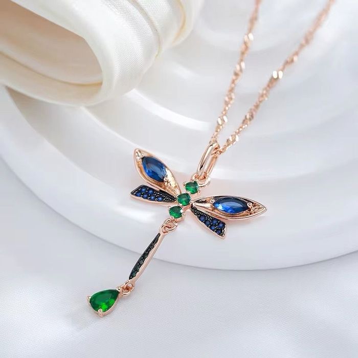 Colier si Pandantiv Luxury Dragonfly, placate cu aur roz de 14k