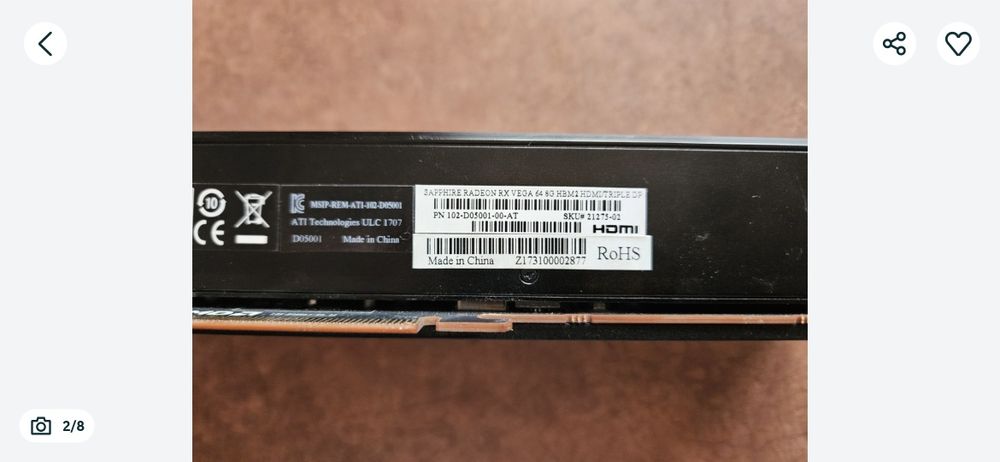 Sapphire radeon RX Vega64/8 gb