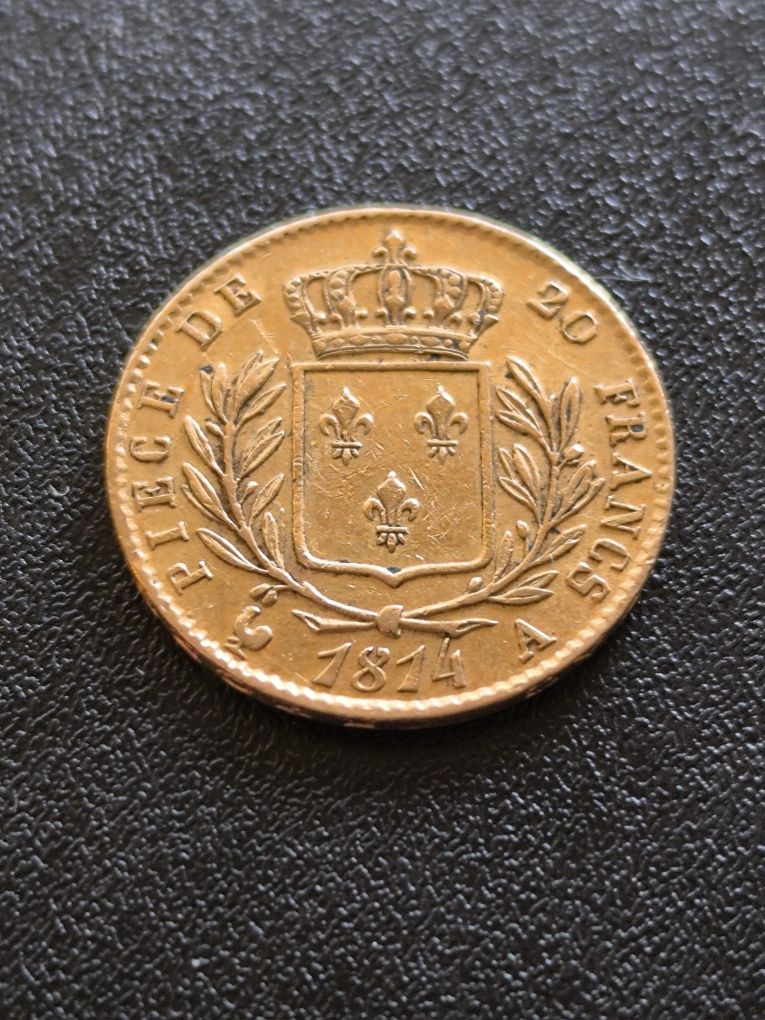 20 франка 1814 год,Луи XVIII, злато 6.45 гр, проба 900/1000 (21.6 к)