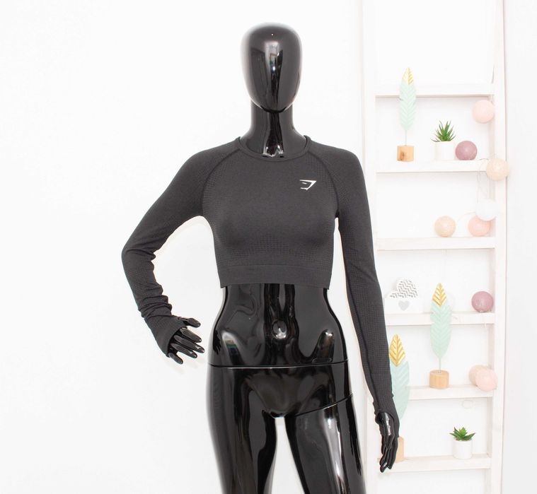 Gymshark дамски кроп топ къс тъмно сив дълъг ръкав за фитнес XS