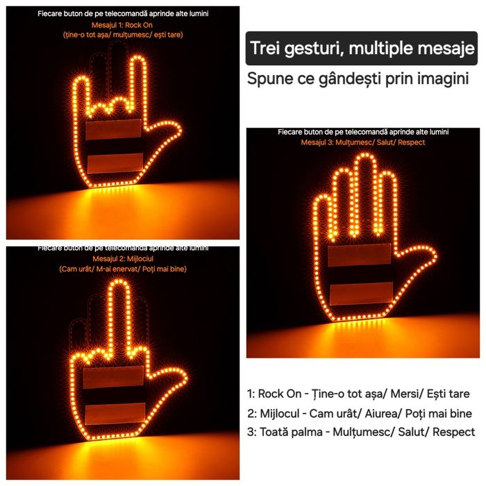 Lampă auto cu gesturi de mână: Salut, Rock On, Mijlociul. Telecomandă.