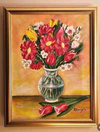 Tablou pictura flori in vaza transparenta