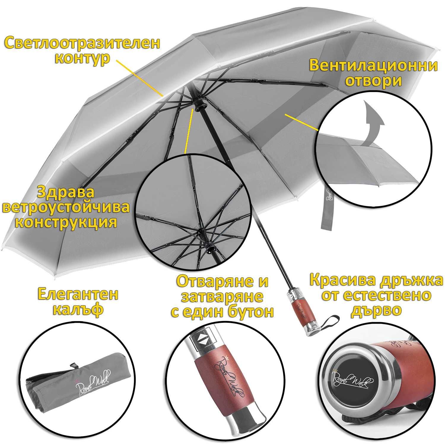 Луксозен Сгъваем Чадър, Автоматичен Отваряне/Затваряне, 103см, Сив