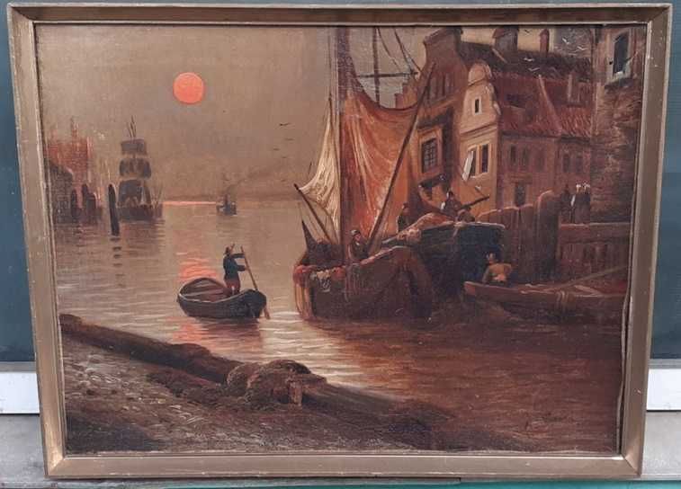 Tablou foarte vechi - veliere in port - semnat Jan Wijnand
