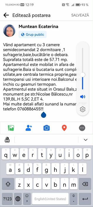 Apartament 3 camere în Balș