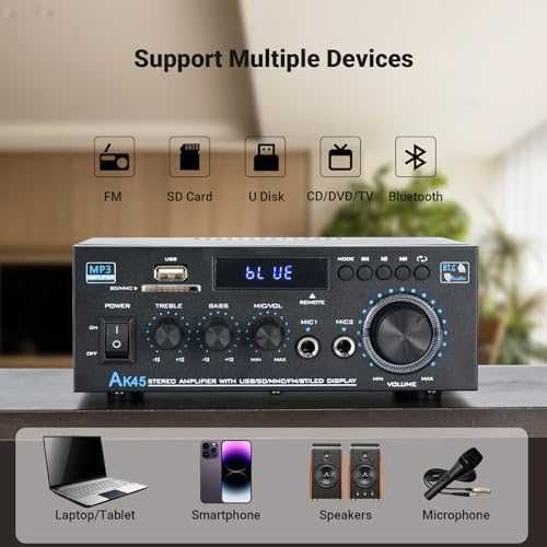 Нов 300W Bluetooth Усилвател Стерео Ресивър Караоке USB FM SD RCA
