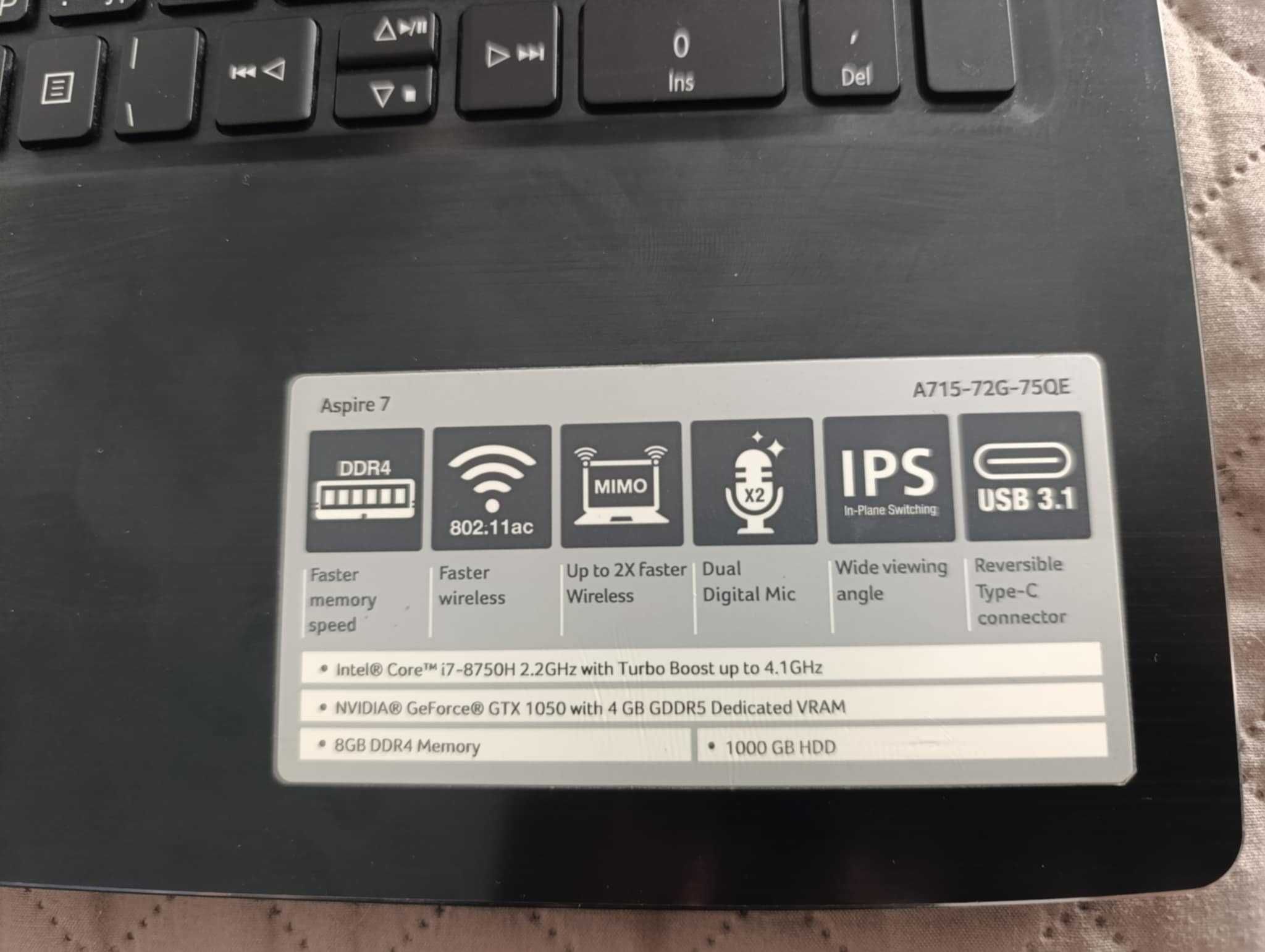 Лаптоп Acer Aspire Full HD 15.6'' Core i7-8750H/1TB/250GB/32GB/GTX1050