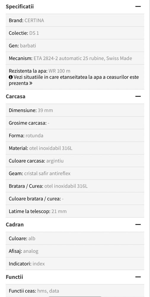 Vand ceas Certina DS-1 automatic, 100m/330ft 10 Atm, Swiss Made
