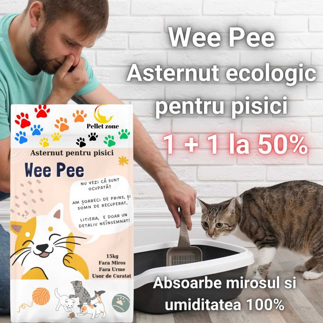 Asternut pentru pisici - 1+1 la 50%, sac de 15kg, Super Pret