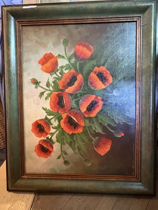 Tablou original în ulei – „Maci roșii” de W. Richter, cu ramă Kaspari