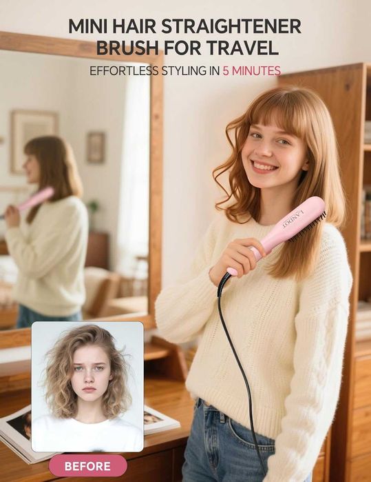 LANDOT Мини нагреваема четка за изправяне на коса с отрицателни йони