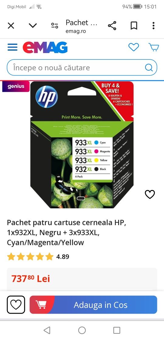 Pachet patru cartuse cerneala HP, 1x932XL, Negru + 3x933XL, Cyan/Magen