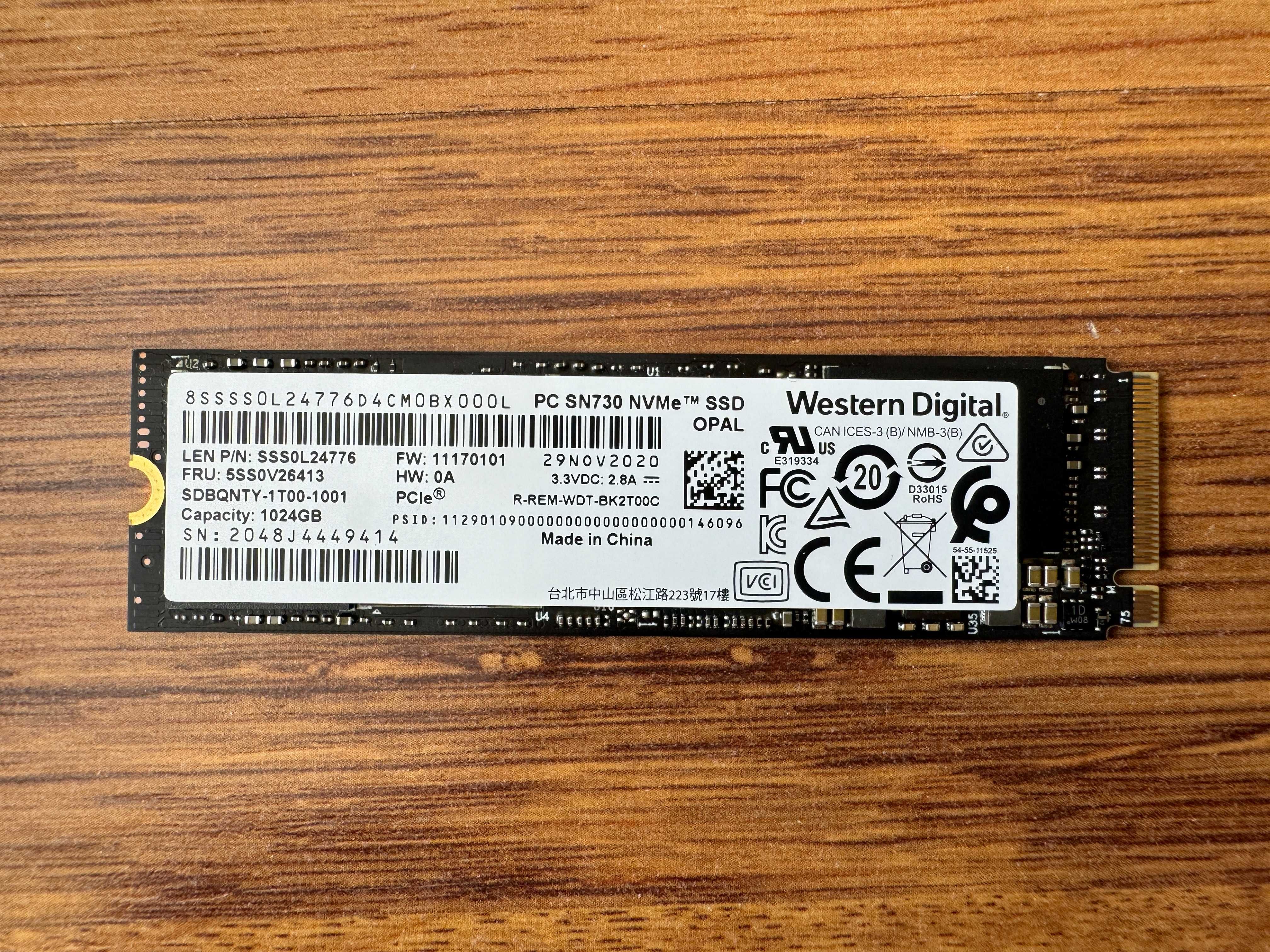 1000GB 1TB SSD NVMe WD PC SN730 OPAL 2280 Gen 3 x4 PCIe