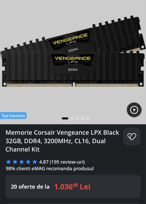 Memorie corsair vegance LPX black 32Gb/ddr4 3200MHz CL16