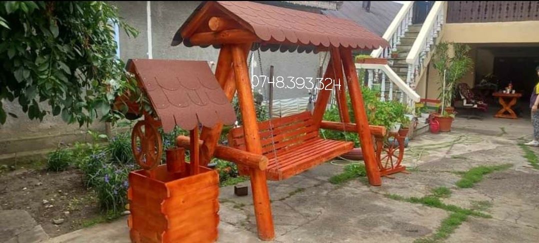 Mobilier  rustic  set masa cu băncuțe scaune lemn masiv