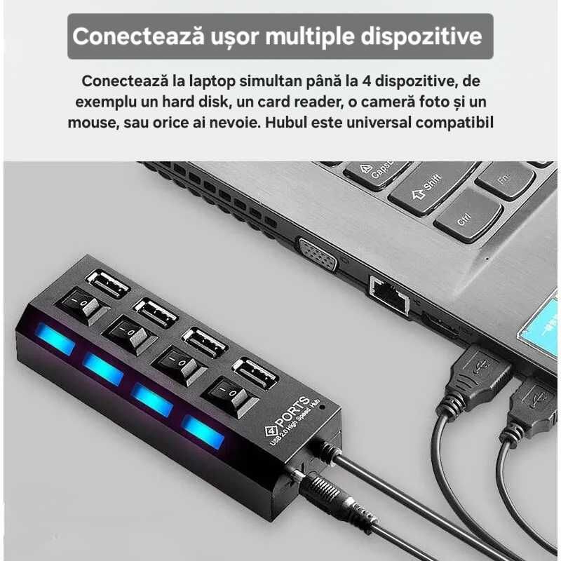 Hub USB 4 porturi. Switch&LED individual. 5Gbps. Cablu UsbA 30cm.