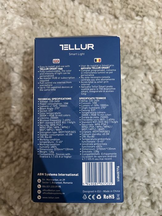 Bec LED Tellur, Wireless, E27, 10W, 1000lm, Lumina Alba/Calda/RGB