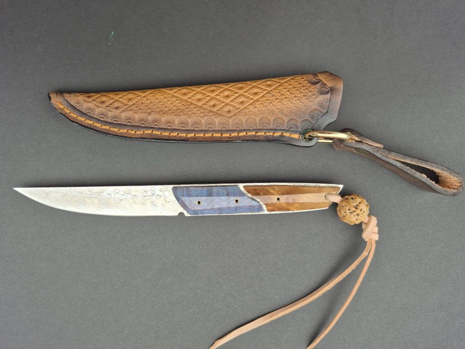 Компактен ловен нож,фултанг дамаска стомана с кожена кания, LN426