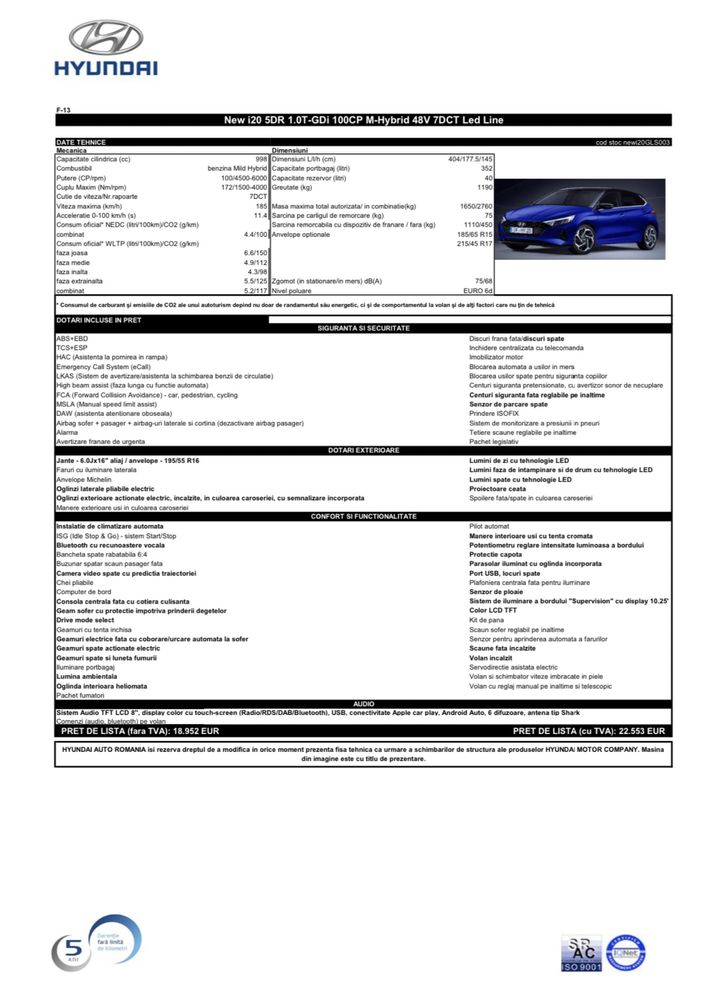 Hyundai i20 2023 1.0T-GDI Led Line 7DCT Mild Hybrid echipare full