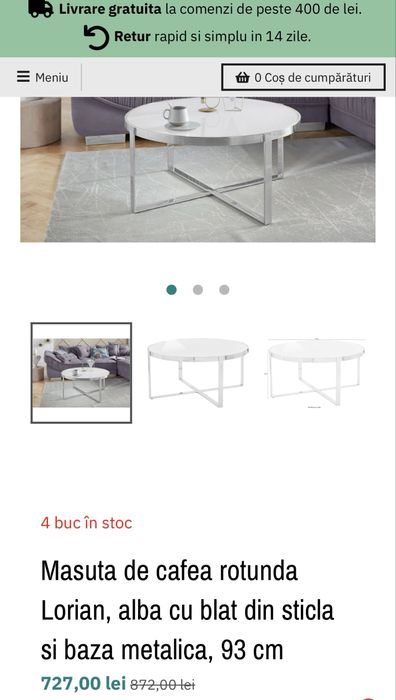 Masuta cafea rotunda Lorian, alba cu balt din sticla 93 cm