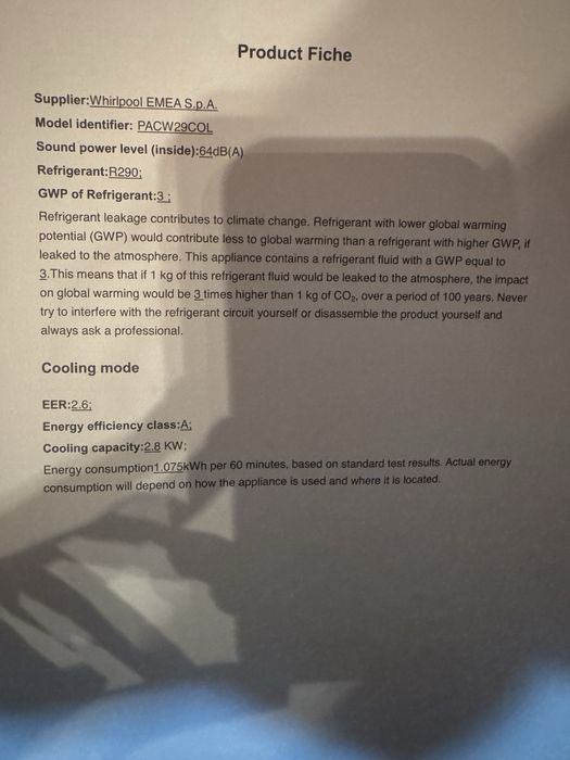 Мобилен климатик Whirlpool PACW29COL