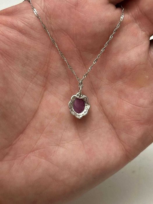 LANT + PANDANTIV AUR alb 18K + 8 Diamante + 1 Rubin Caboson - Vintage