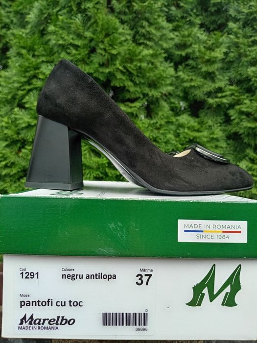 Pantofi negri piele antilopă Marelbo, nr. 37, toc 7,5 cm, preț fix