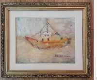 Marina cu vas portocaliu, tablou semnat Th. Florian  39x46 cm