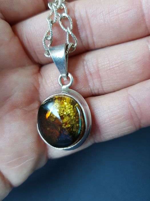 Colier superb argint 925 Miler,pandantiv vintage chihlimbar maro,super