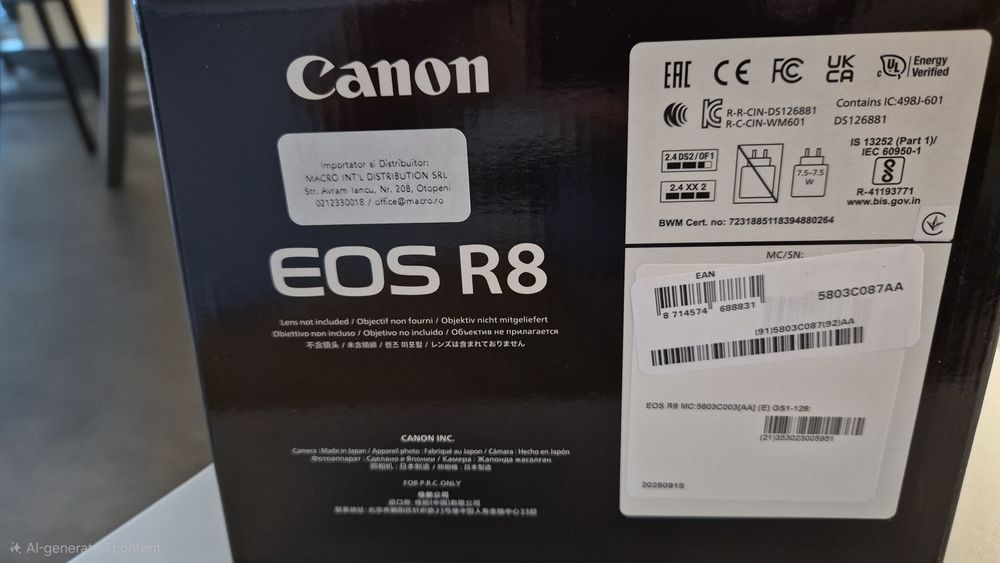 CANON EOS R8 Mirrorless + acumulator extra, SIGILAT, fact + gar F64
