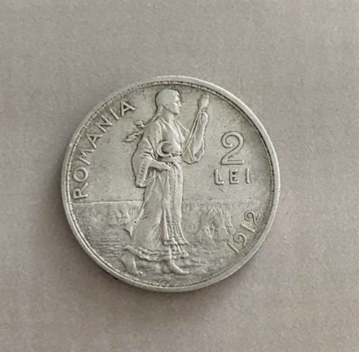 Monedă 2 lei- argint-1912-Carol I rege al României.