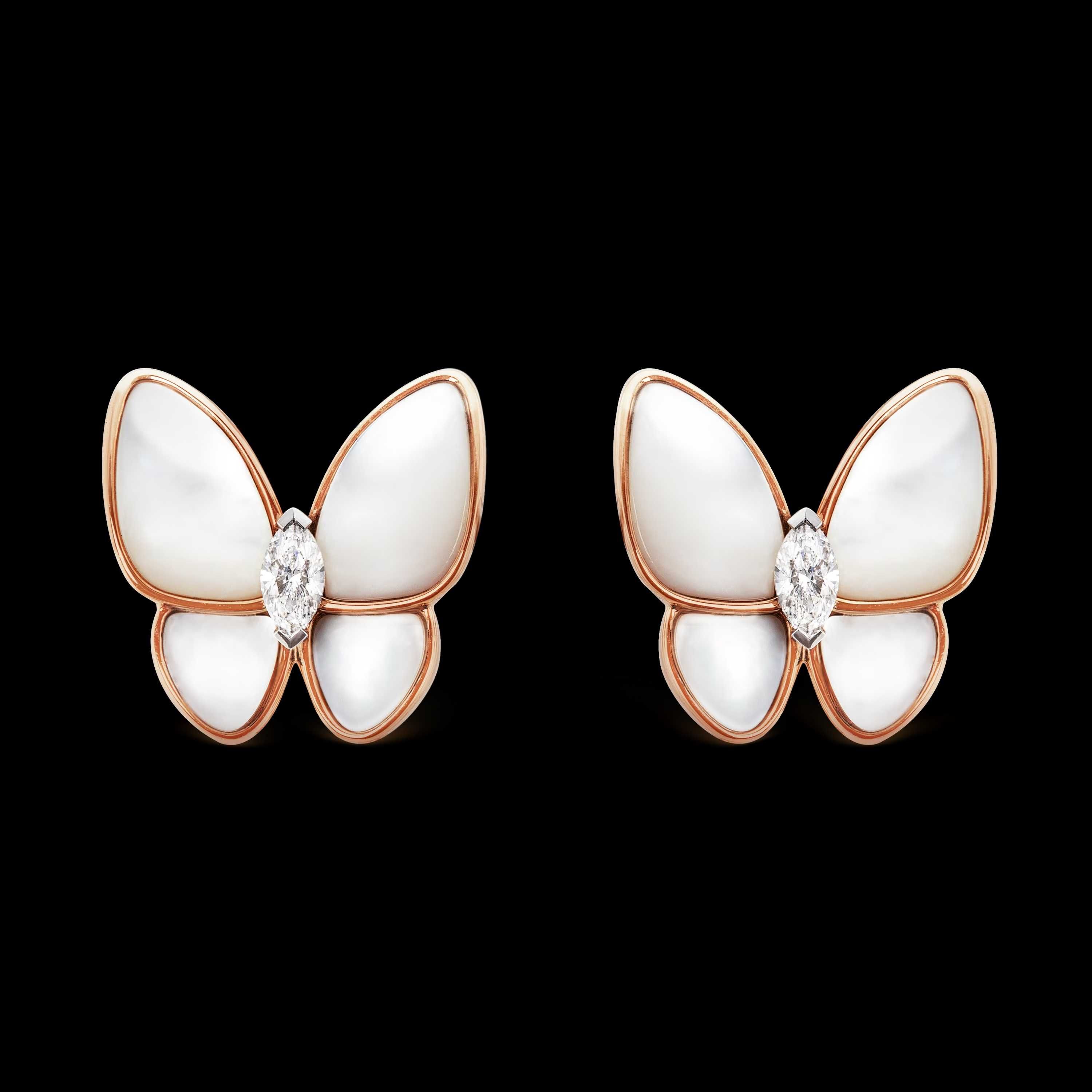 Van Cleef & Arpels VCA Rose Gold White Two Butterfly Дамски Обеци