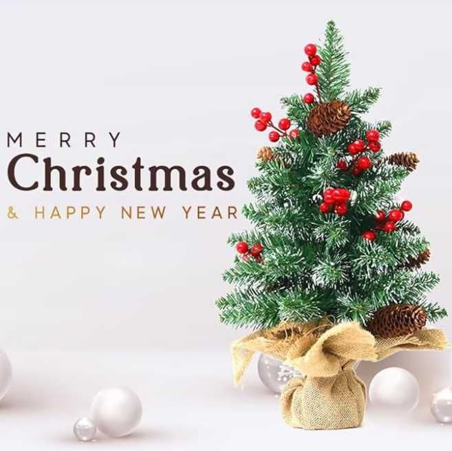 Brad artificial 40 cm, Lumini LED și 12 Globuri Roșii & Aurii