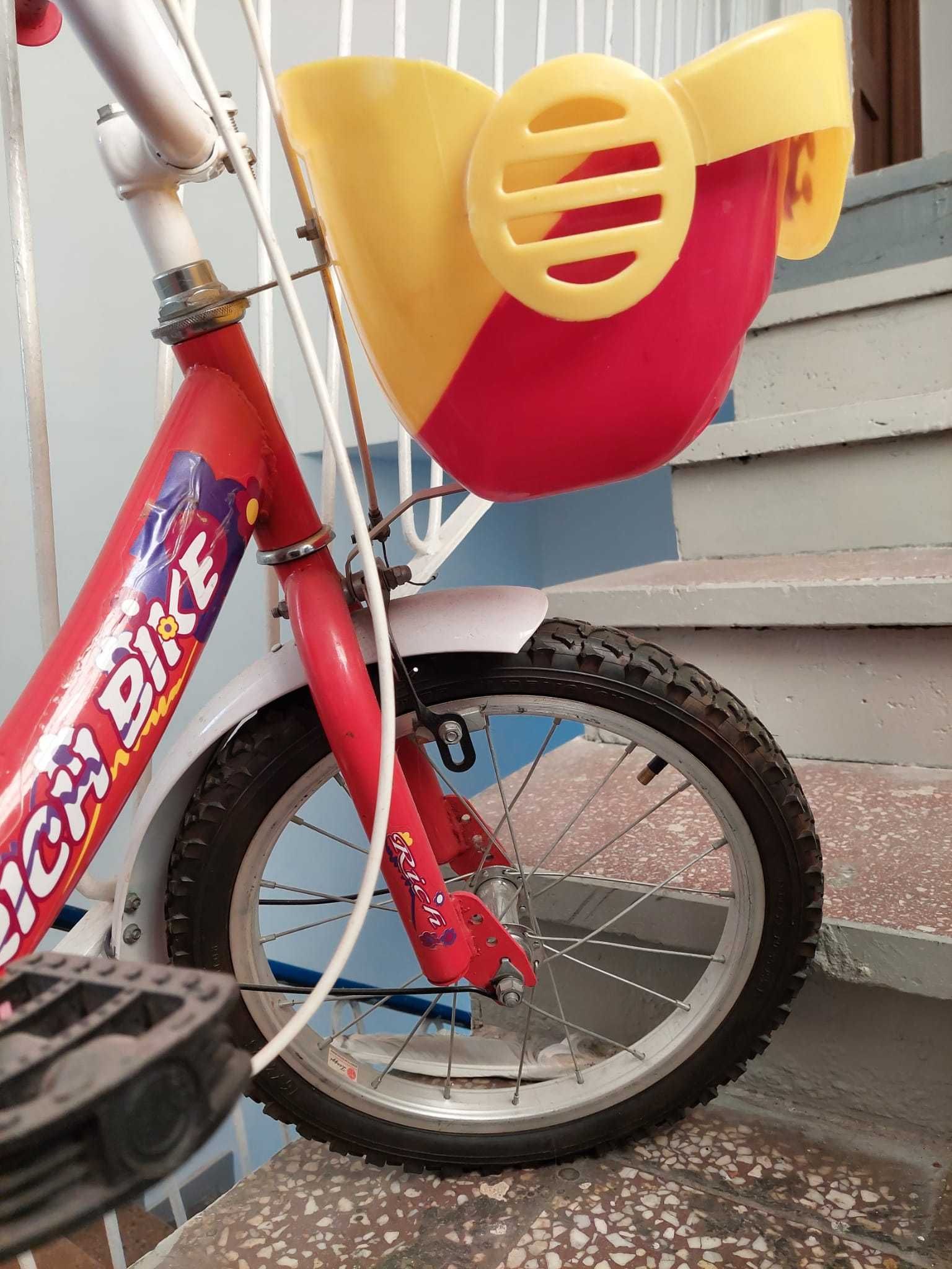 Bicicleta Rich Bike 16'' pentru copii, Rosu/Alb, cu roti ajutatoare