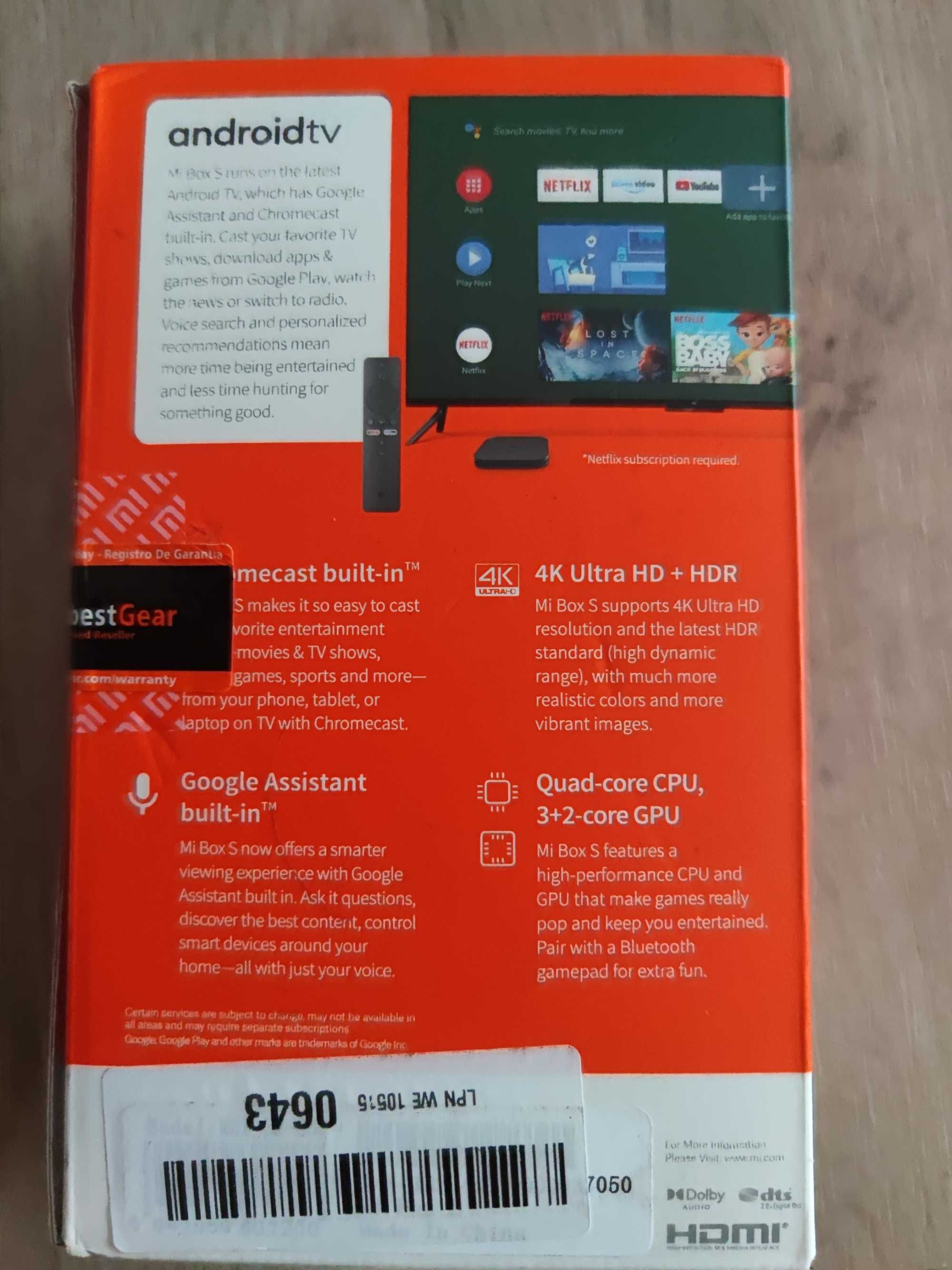 ТВ Бокс, Xiaomi Mi Box S 4K, Android TV 12, Netflix, Prime Video