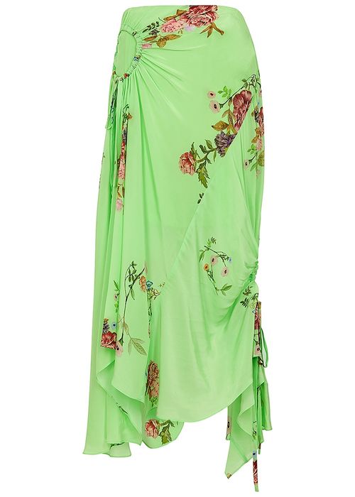 Пола миди XS размер PREEN официална ежедневна асиметрична зелена принт