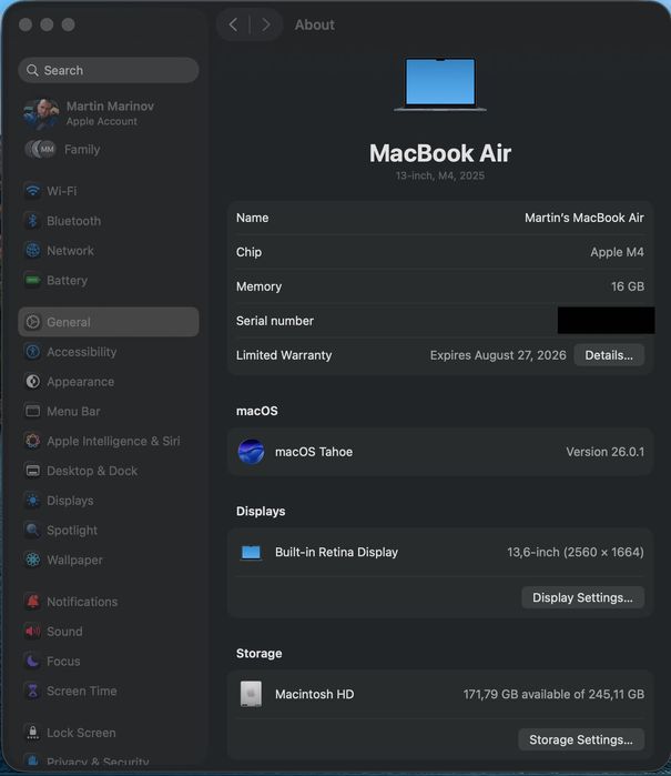 MacBook Air M4 2025 13'' 16GB RAM 256SSD