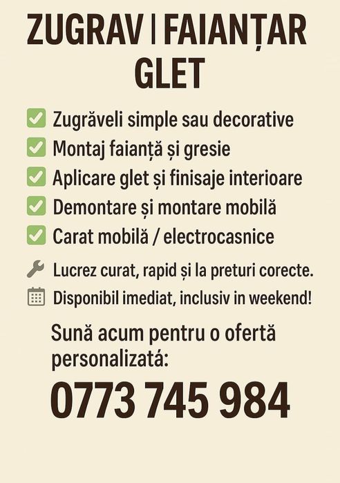 Zugrav | Faianțar | Glet | Carat și Demontat Mobilă – Servicii Complet
