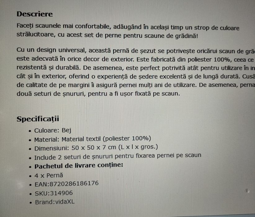Vând perne scaun 50 x50x7cm,bej
